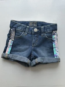 Justice Sequined Denim Girl's Shorts Size 7 Slim - Fun Iridescent Sparkly EUC - Picture 1 of 3