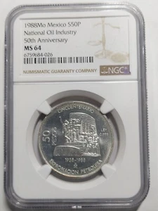 Mexico 50 Pesos Silver 50th anniv. of National Oil Industry, 1988, NGC MS 64 - Picture 1 of 3