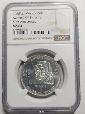 México 50 Pesos Plata 50 Aniversario. de National Oil Industry, 1988, NGC MS 64 Foto 1 de 3