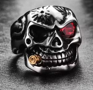New Goth Mens Biker Punk CZ Smoking Skull Ring Stainless Steel Size 7-15 Gift - Picture 1 of 14