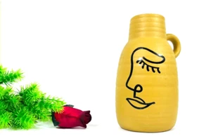 Picasso Style 1940s Face Ceramic Mug Vase Jug Mustard Yellow 7" x 4" x 2" Decor - Picture 1 of 14