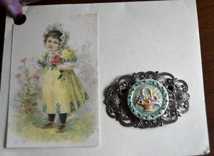 Broche alfiler de reproducción con botón de imagen de porcelana siglo 1800 la rosa pintada de colección - Imagen 1 de 5