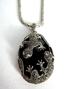 Black Onyx Pendant Necklace 925 Silver Marcasite Salamanders Byzantine Chain EUC - Picture 1 of 10