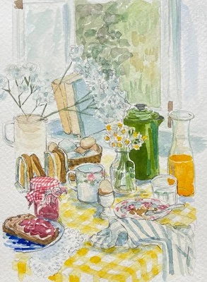 原版水粉静物早餐桌场景艺术水彩纸  — 第 1/2 张图片