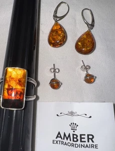 Amber Extraodinaire Baltic Amber Sterling Dangle & Post Earrings, Large Ring 925 - Picture 1 of 15