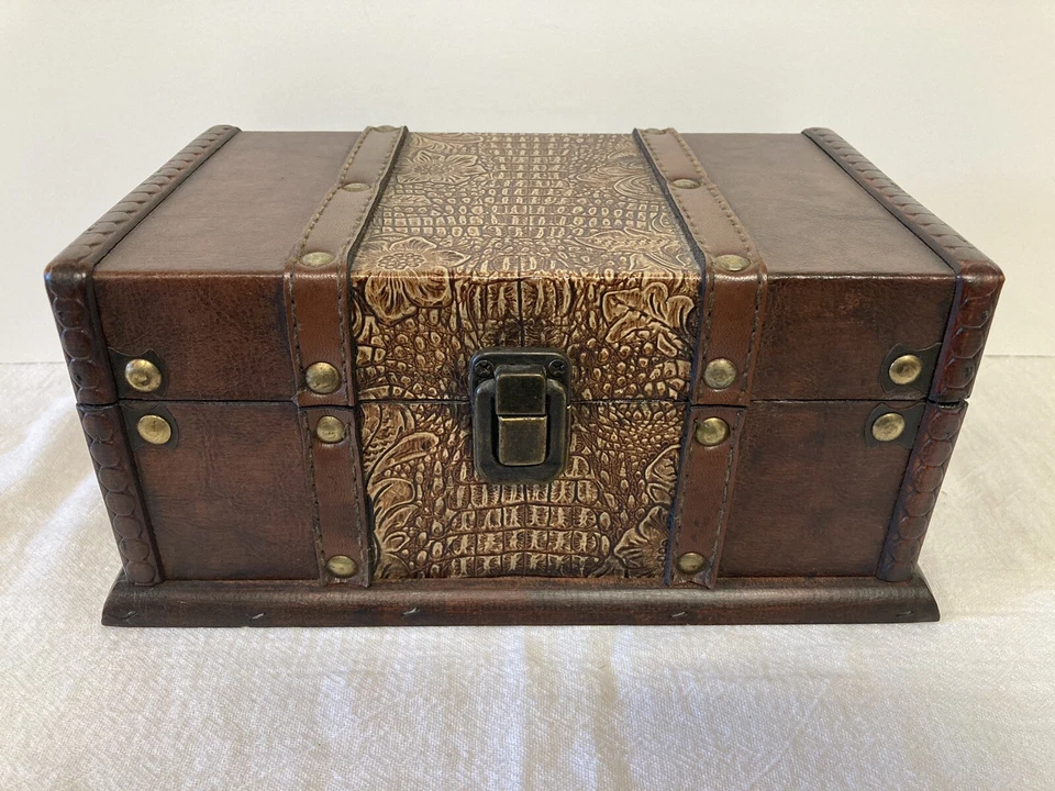 Vtg Wood Jewelry Box Chest Leather Overlay & Straps Metal Accents Clasp Closure - Image 1 of 4