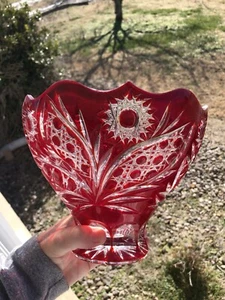 Russian Crystal Red Cut To Clear Glass Center Piece Bowl Bohemian Czech Style - Picture 1 of 24