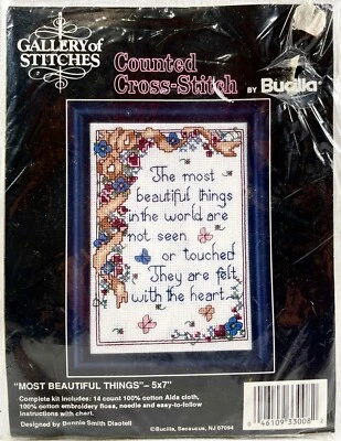 Bucilla Most Beautiful Things 33008 1990 kit de punto de cruz contado 5x7 de colección 14955 Foto 1 de 2