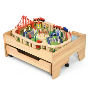Wooden Kids Train Track Railway Set Table w/100 Pieces Storage Drawer - Picture 1 of 10