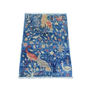 Alfombra de lana suave anudada a mano diseño de aves peshawar afganas azules de 2'x3' R20059 - Imagen 1 de 6