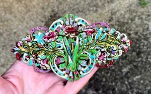 Antique Vintage HUGE Art Nouveau Enamel Brass Belt Buckle Multi Color Flowers EX - Afbeelding 1 van 15