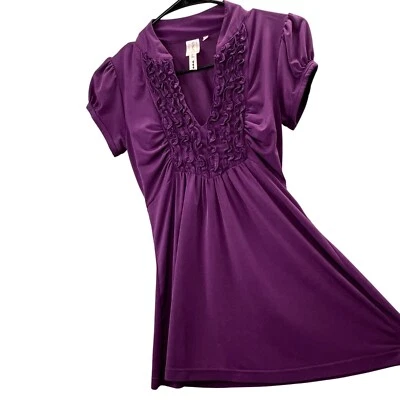 Vintage Y2K Heart Soul Purple Top S Ruffle V Neck Empire Tie Waist Silky - Image 1 of 4