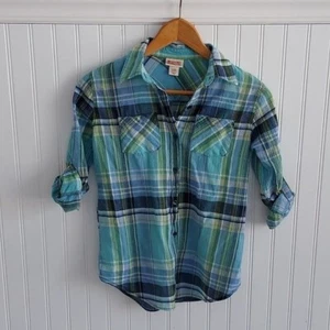 Mossimo & Co Plaid Button Down Shirt Collared Roll Tab Sleeve Blue Green - Picture 1 of 7