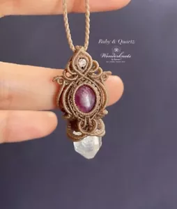 Ruby & Quartz Macrame Handmade Necklace Jewelry - Picture 1 of 6