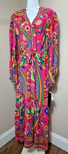 Adrianna Papell Midi Flounce Dress Pink Multi Retro Print Style AD3D105697 Sz 8 - Picture 1 of 6