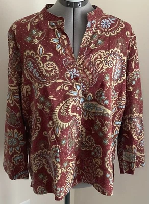 First Issue Liz Claiborne 深红色佩斯利棉混纺纽扣前上衣 XL — 第 1/4 张图片