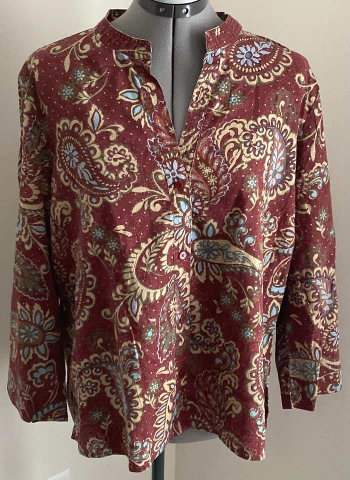 Первый выпуск Liz Claiborne глубокий красный пейсли хлопок смесь кнопка спереди верхний XL - Изображение 1 из 4