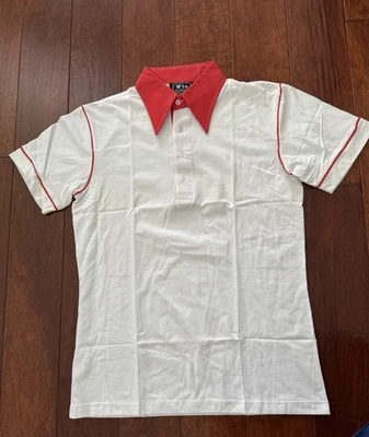 Vtg NOS 60s 70s Polo Shirt Cotton Blend Retro Big Collar Large White Red Piping - Image 1 of 4
