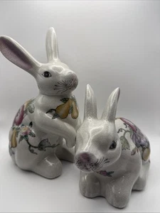 Vtg Ceramic Bunnies Fruit Flower & Vine Painted Set Of 2 10” & 6.5”H - Picture 1 of 5