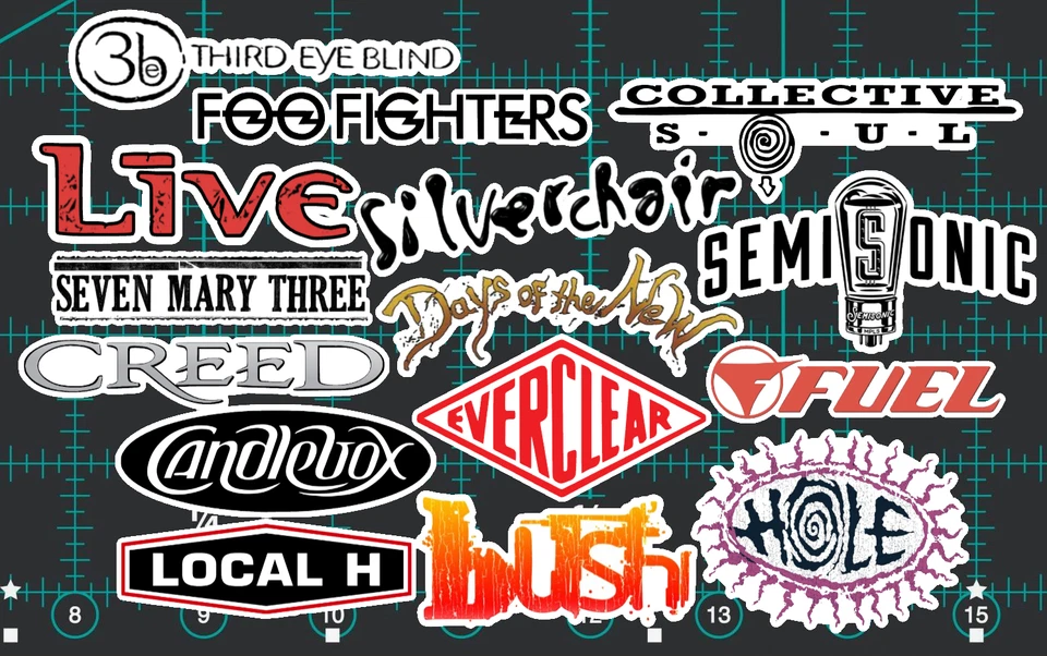 15 adesivos de logotipo pós-grunge dos anos 90 -Claro, holográfico ou branco - Bush Rock Band - Imagem 1 de 1