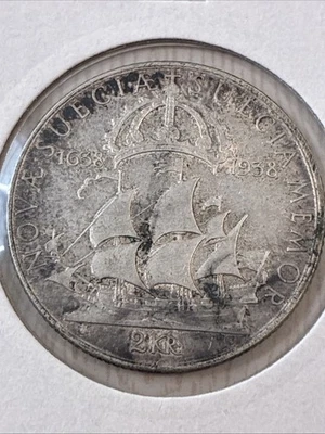 Moneda de 2 coronas Suecia 1938 - Gustavo V - Nova Svecia 300 aniversario Foto 1 de 2