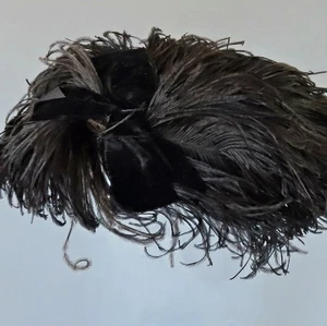 Antique MILLINERY Lady's Hat Topper Black OSTRICH FEATHER Plumes + Velvet BOW - Picture 1 of 4