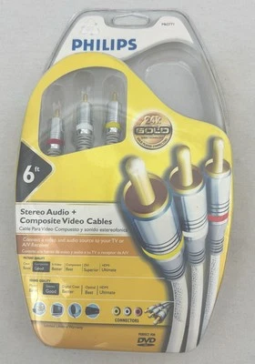 PHILIPS 6ft Stereo Audio Composite Video Cables 24k Gold 6' A/V RCA DVD TV NEW - Image 1 of 4