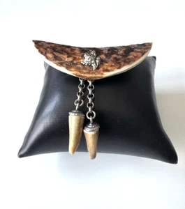 Vintage Trachten Kragenklammer Hirschhorn Brosche 7cm mit Ketten Trachtenschmuck - Bild 1 von 12