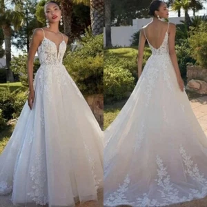 Vestidos de novia boho línea A tirantes de espagueti sin espalda apliques de encaje vestidos de novia - Imagen 1 de 9