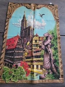 Vintage French Barkcloth Fabric Tapestry Architectural Cathedral Cottages Cherub - Picture 1 of 6
