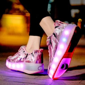 Roller Skate Shoes Kids Sports Sneakers Boy Girls 2 Wheels Lighted Footwear - Picture 1 of 16