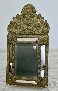 Antique French Cushion Brass & Wood Repousse Beveled Glass Mirror Wedding /j - Picture 1 of 12