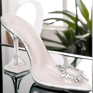 NEW Cape Robbin Sandal Glassy Silver Slingback Heel Pointed Toe  Party Cocktail  - Afbeelding 1 van 7