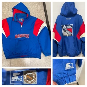 VTG 90s NHL Starter New York Rangers Half Zip Anorak Hood Puffer Jacket Mens L - Picture 1 of 24