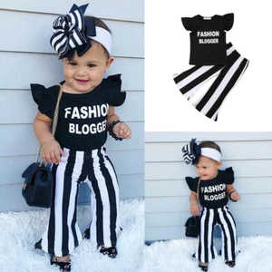 Baby Girls Outfits Letter Ruffle Shirt Tops Striped Pants Trousers Clothes Set - Picture 1 of 10