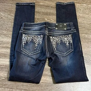 Miss Me Embellished Skinny Dark Wash Crystal Sequin Pocket Mid Rise Stretch 28 - Picture 1 of 10