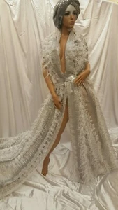 Silver Lace Fabric By The Yard Feathers Sequin On Mesh Dress Fashion Lace Gown - Picture 1 of 6