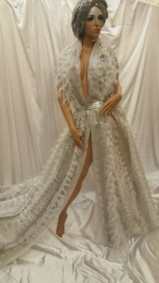 Silver Lace Fabric By The Yard Feathers Sequin On Mesh Dress Fashion Lace Gown - Image 1 of 4