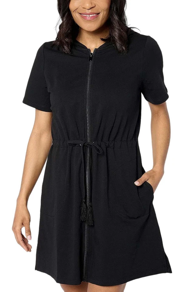 Denim & Co. Beach French Terry Zip Up Cover Up Dress Black - Image 1 of 1
