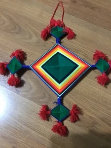 Vintage Eye Of God Yarn Wall Art (Mandala), Approx 20” x 20”, Red/Yellow/Green - Picture 1 of 7