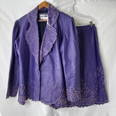 De Colección Riturinki 100% Cuero Púrpura Cuentas Recorte Mujer’s L Falda Chaqueta Traje Foto 1 de 4
