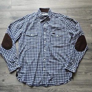 Barbour Men's Shirt Regular Fit Soze Large Elbow Patch Blue Check Great Condt - Picture 1 of 6