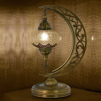 Ottoman Cracked Transparent Glass Crescent Moon Lamp 47cm Handmade with LED Bulb - Image 1 of 4