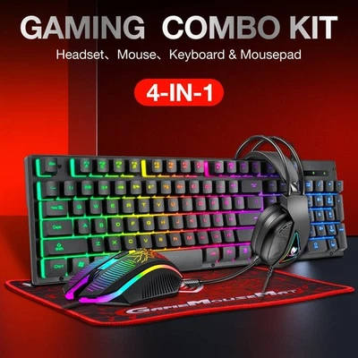 4in1 Gaming keyboard + Mouse + Headset + Mousepad RGB LED Colors Light PC Xbox - Image 1 of 4
