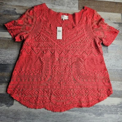 Deletta By Anthro 衬衫 L 码全新红色蕾丝 — 第 1/4 张图片