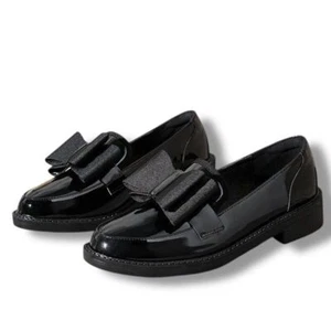 Basso Patent Leather Bow Loafers Black Preppy School Work Shoes Sz 34 or US 4 - Picture 1 of 10