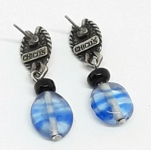 Chico's Blue Beaded Silver Tone Metallic Drop Dangle Pierced Earrings EUC - Picture 1 of 7