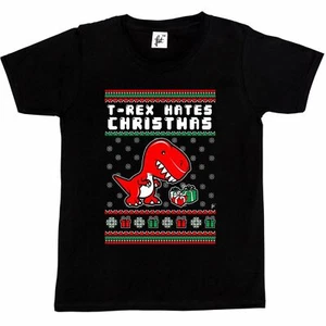 T-Rex Dinosaurier hasst Weihnachtsgeschenke Schneeflocken Kinder Jungen / Mädchen T-Shirt - Bild 1 von 10