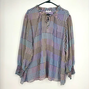 Calvin Klein Womens Size 3X Ruffle Collar Pullover Blouse Multi Color Check LS - Picture 1 of 10