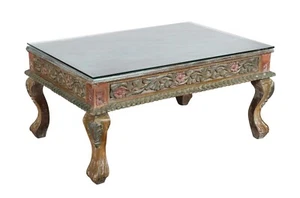 Antique Indian Teak Wood Thakat Coffee Table - Glass Top (c1890) - Picture 1 of 4